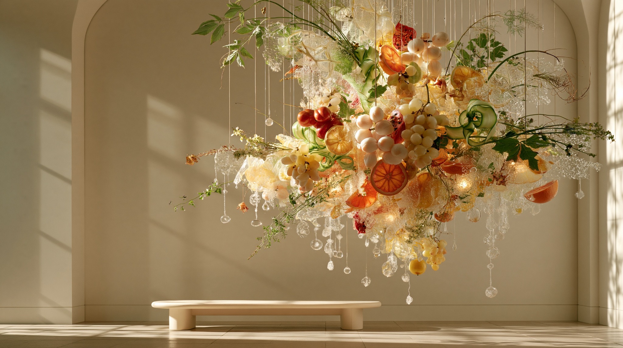 Suspended culinary installation of fruit, botanicals, and crystal forms