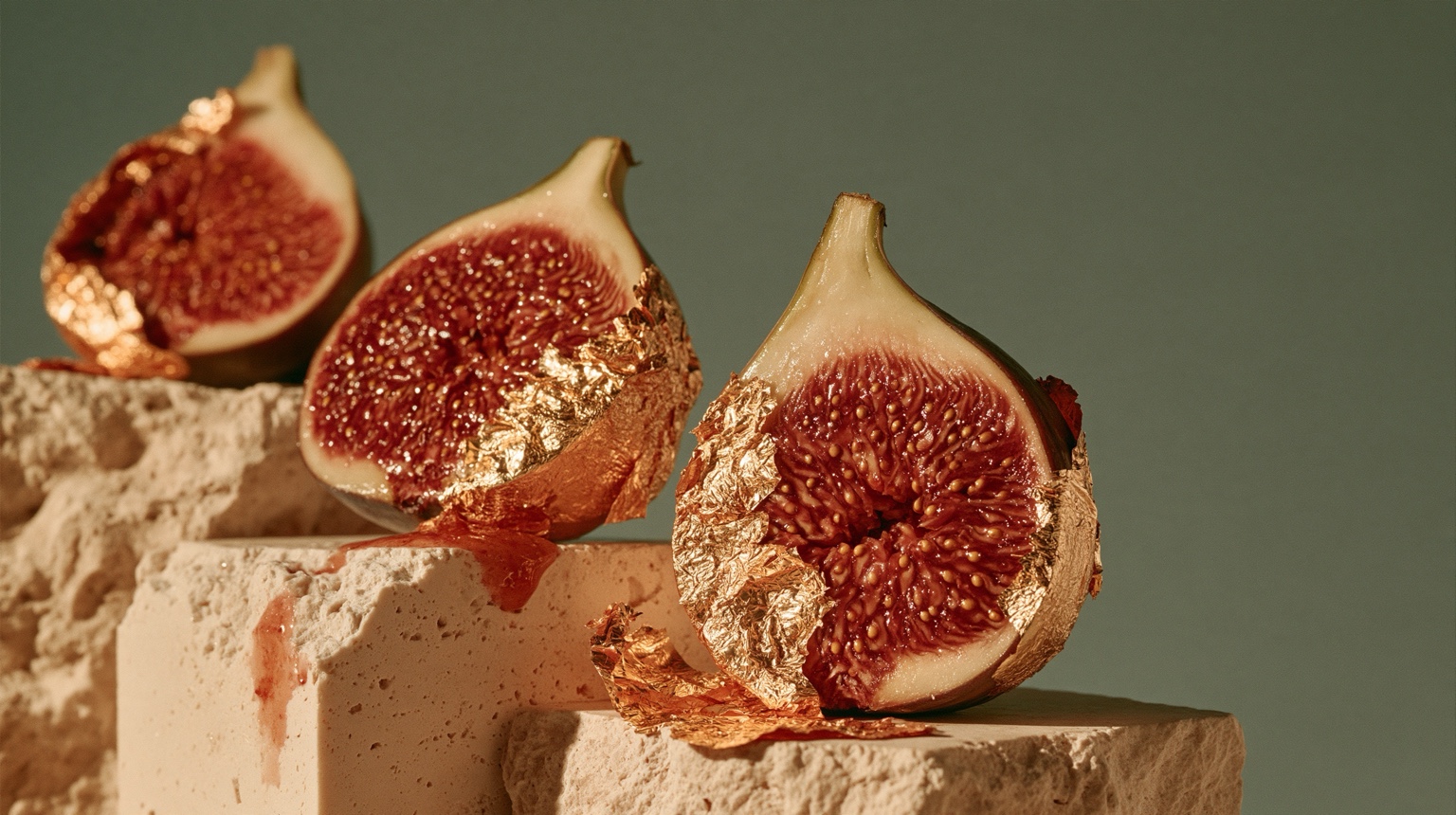 Gold-leaf figs arranged as an edible still life