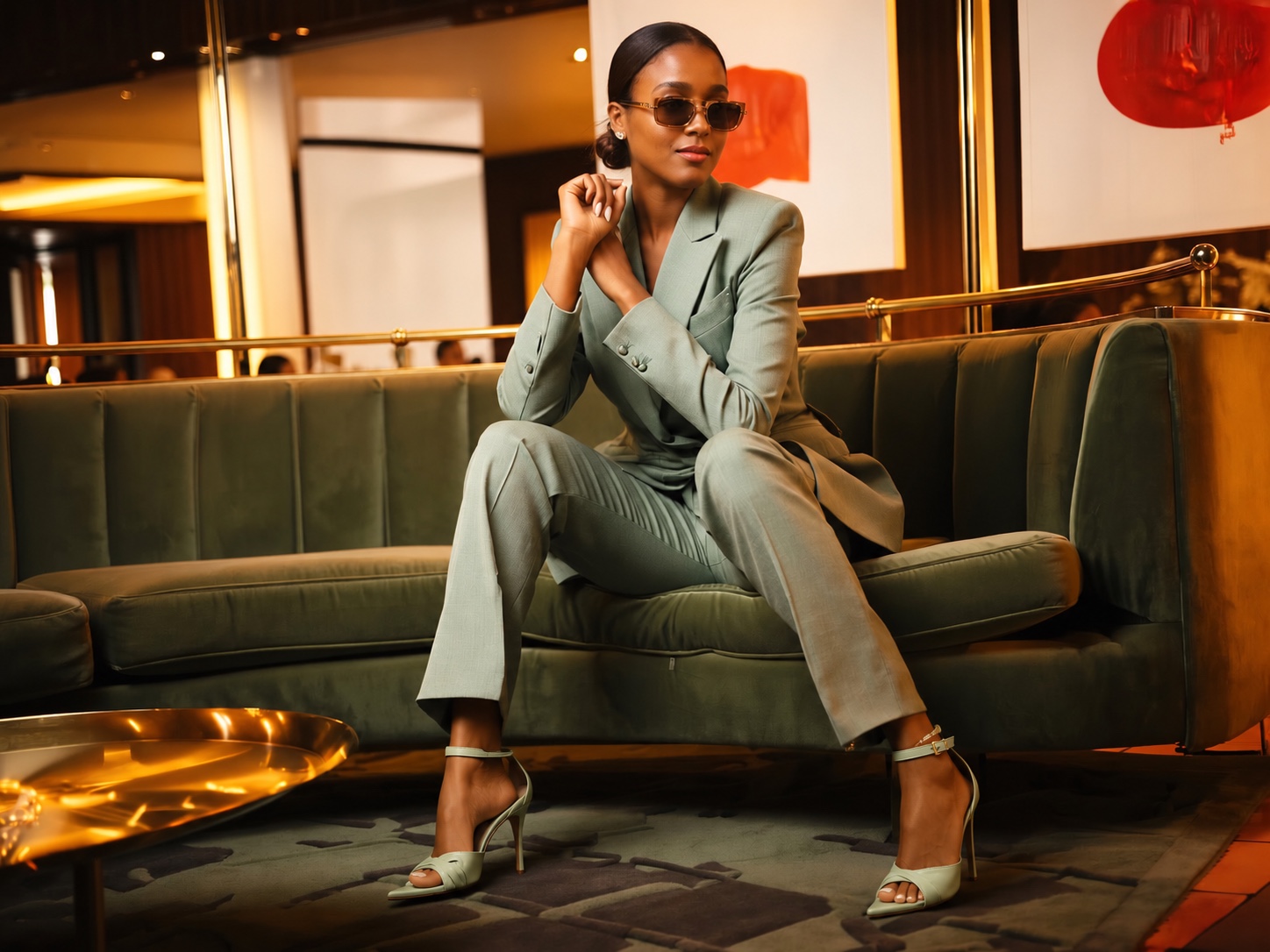 Lauren Von Der Pool seated in a green suit in an elegant interior