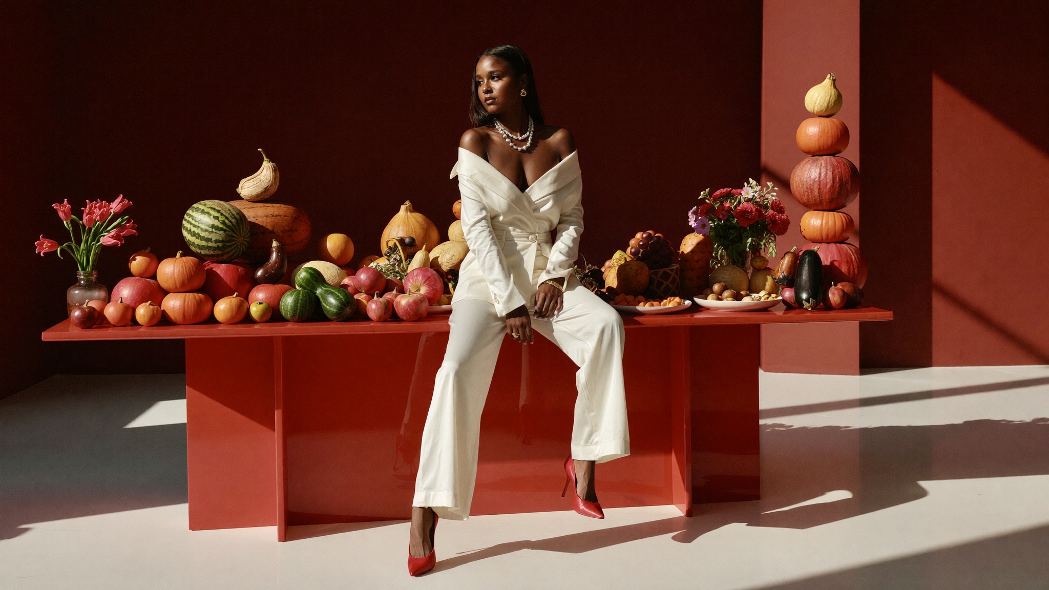 Lauren in an off-white suit beside a red table filled with fruit and vegetables